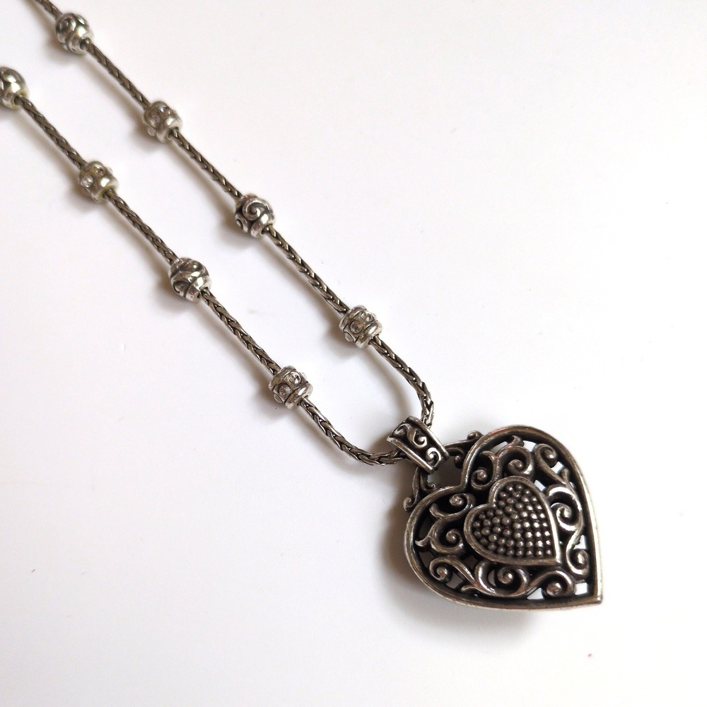 Brighton Reno Puffed Heart Necklace Silver Reversible Filigree Crystal Silver